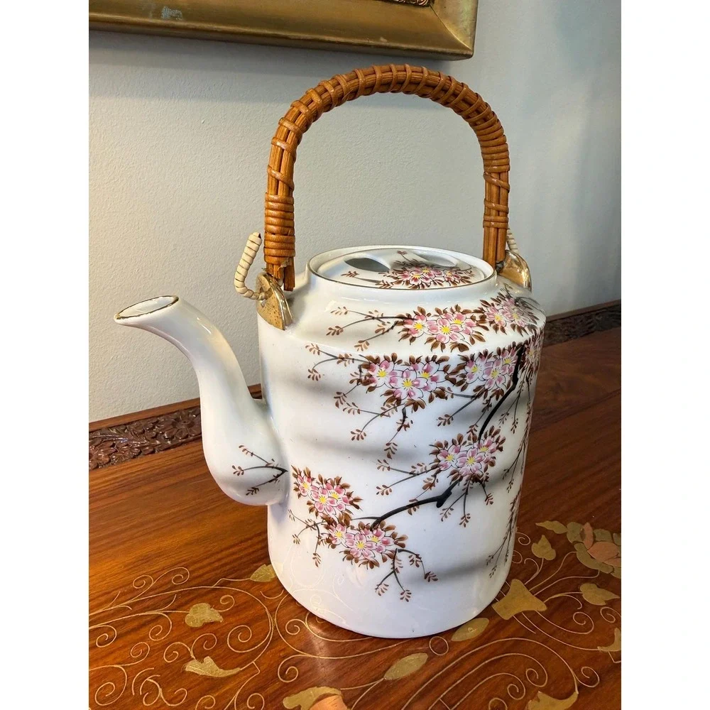 Vintage Cherry Blossom Teapot with Rattan Handle • Porcelain Floral Tea Pot‎